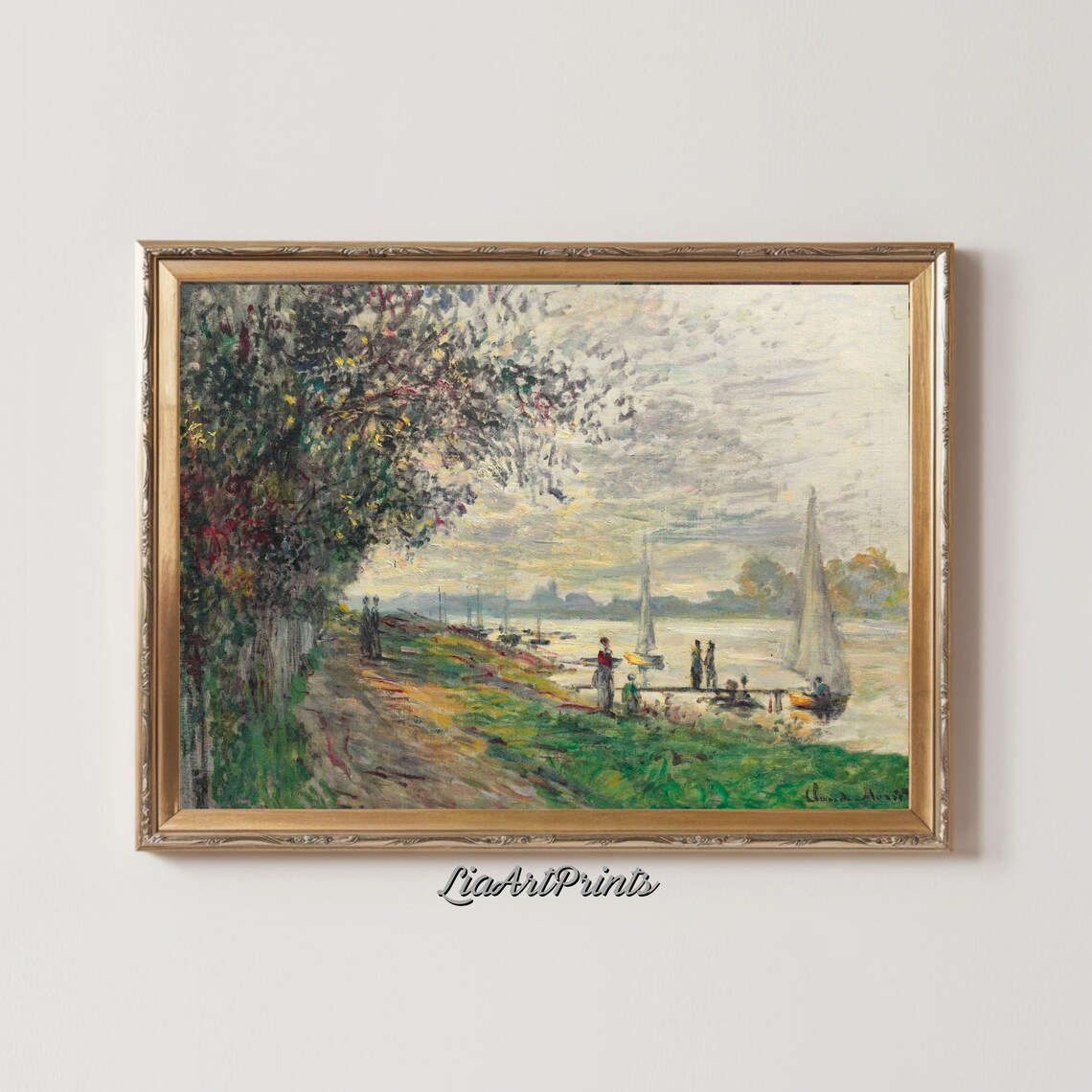 Claude Monet Riverside Sailboats Figures On Shore Impressionist River Poster - Image 3