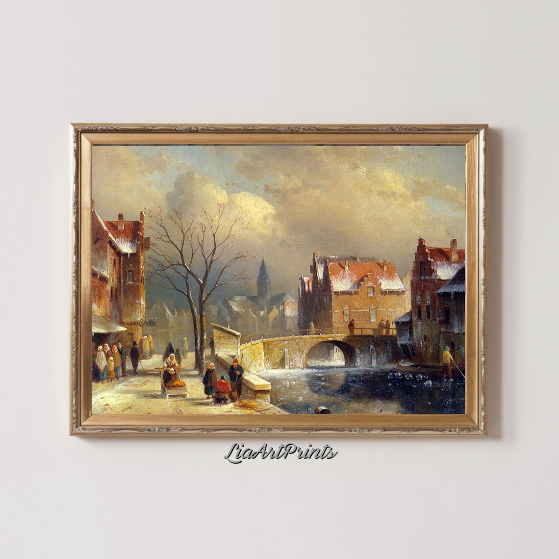 Snowy Winter Village Canal Bridge Charming Old Town Scene Poster - Image 2