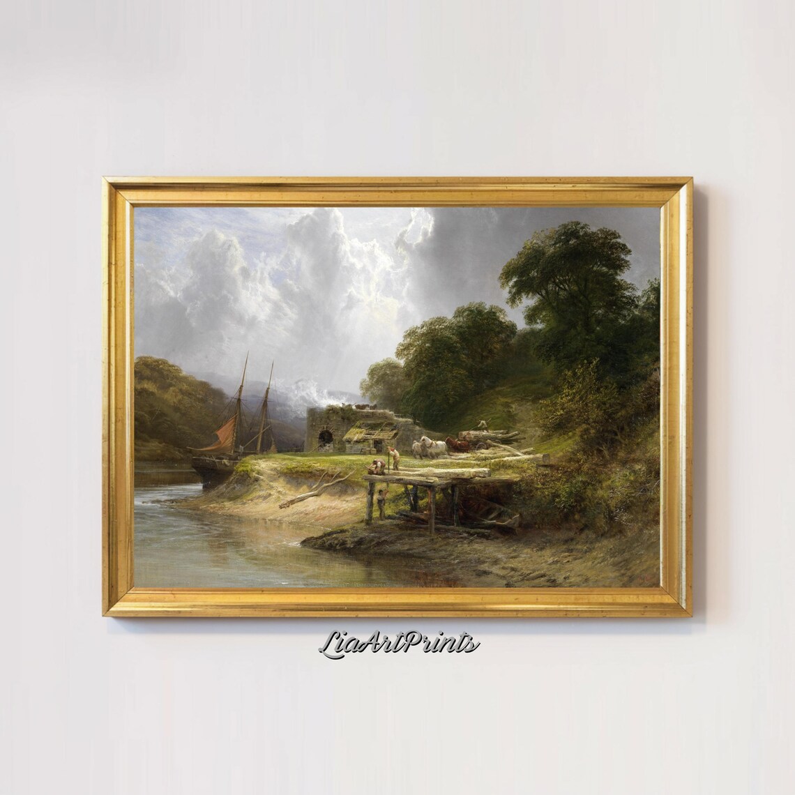 Rustic Riverside Scene, Vintage Countryside Landscape - Image 2