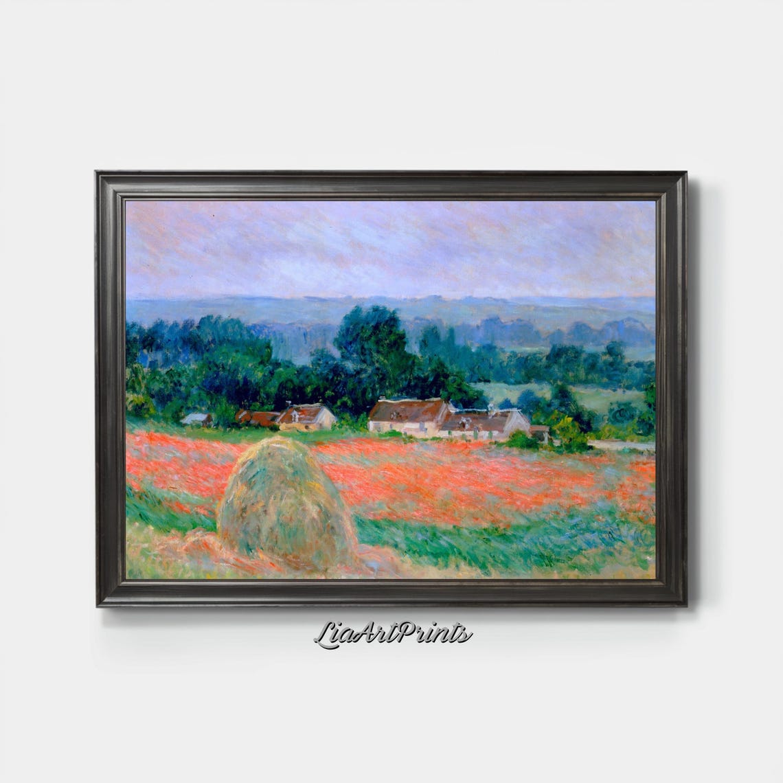 Haystack in Red Poppy Field with Cottages Impressionist Country Poster - Image 3