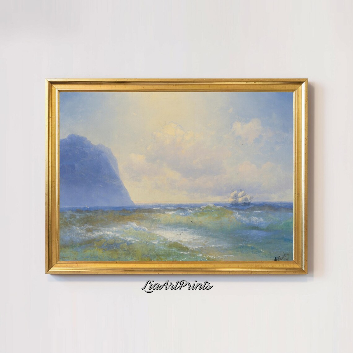 Sailing Ship on Green Ocean Waves Near a Rocky Cliff Vintage Nautical Print - Image 3