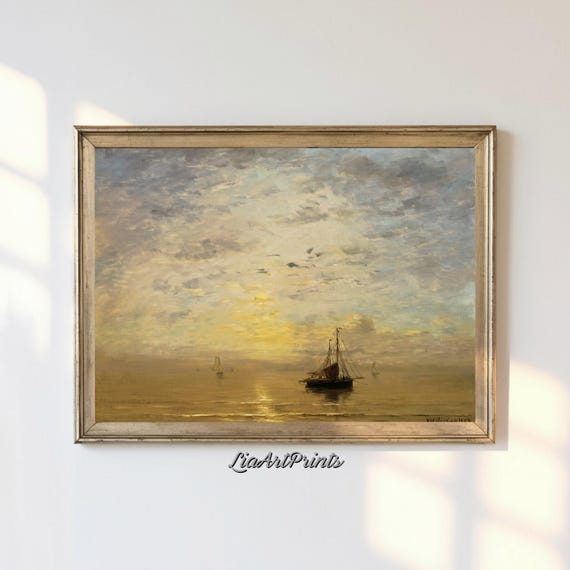 Sunset Over Tranquil Waters Sailing Boats In Golden Light Maritime Oil Painting