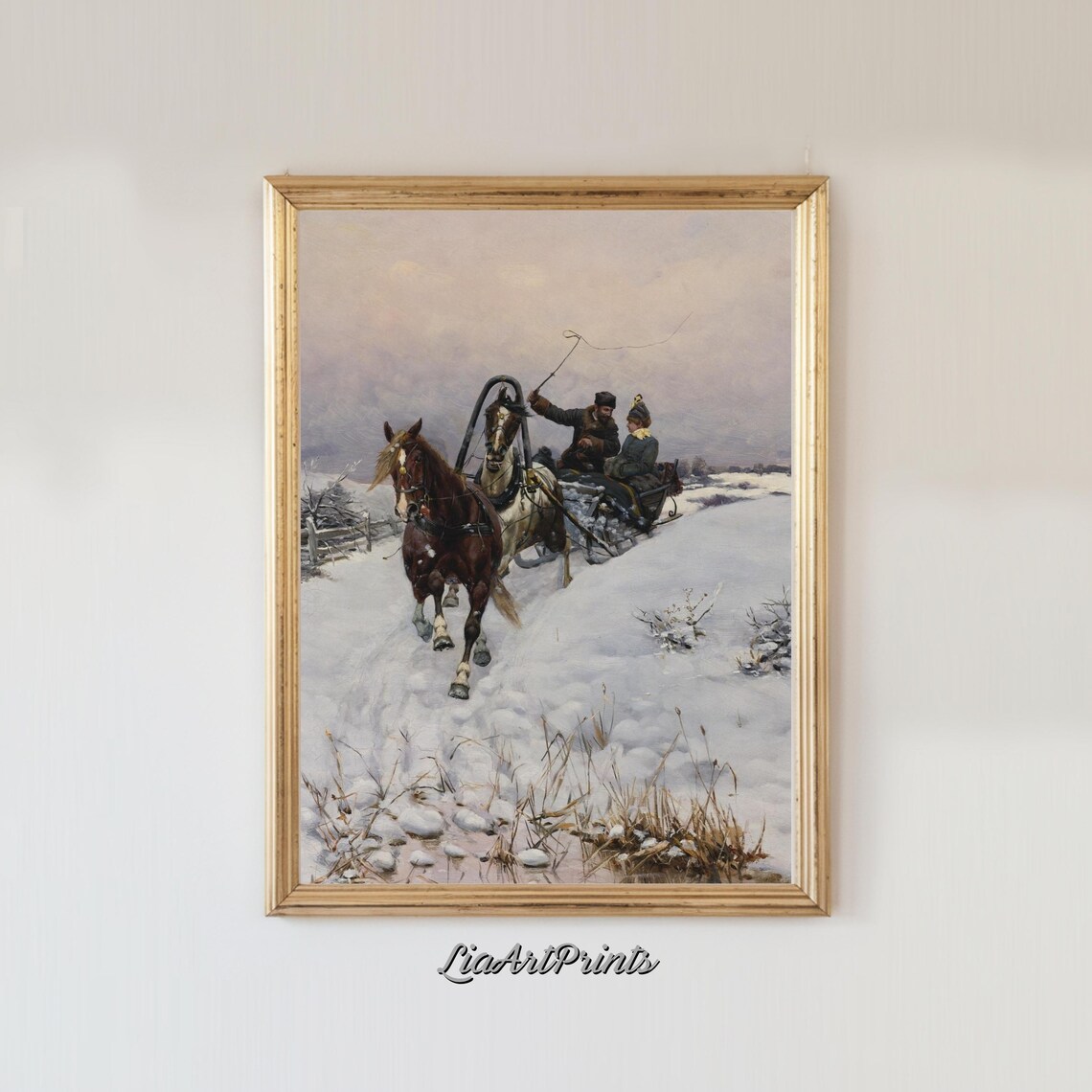 Winter Sleigh Ride Vintage Oil Painting with Troika and Horses in Snow Poster - Image 3