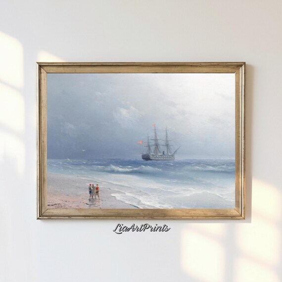 Serene Seascape with a Tall Ship and Figures on the Beach Vintage Print