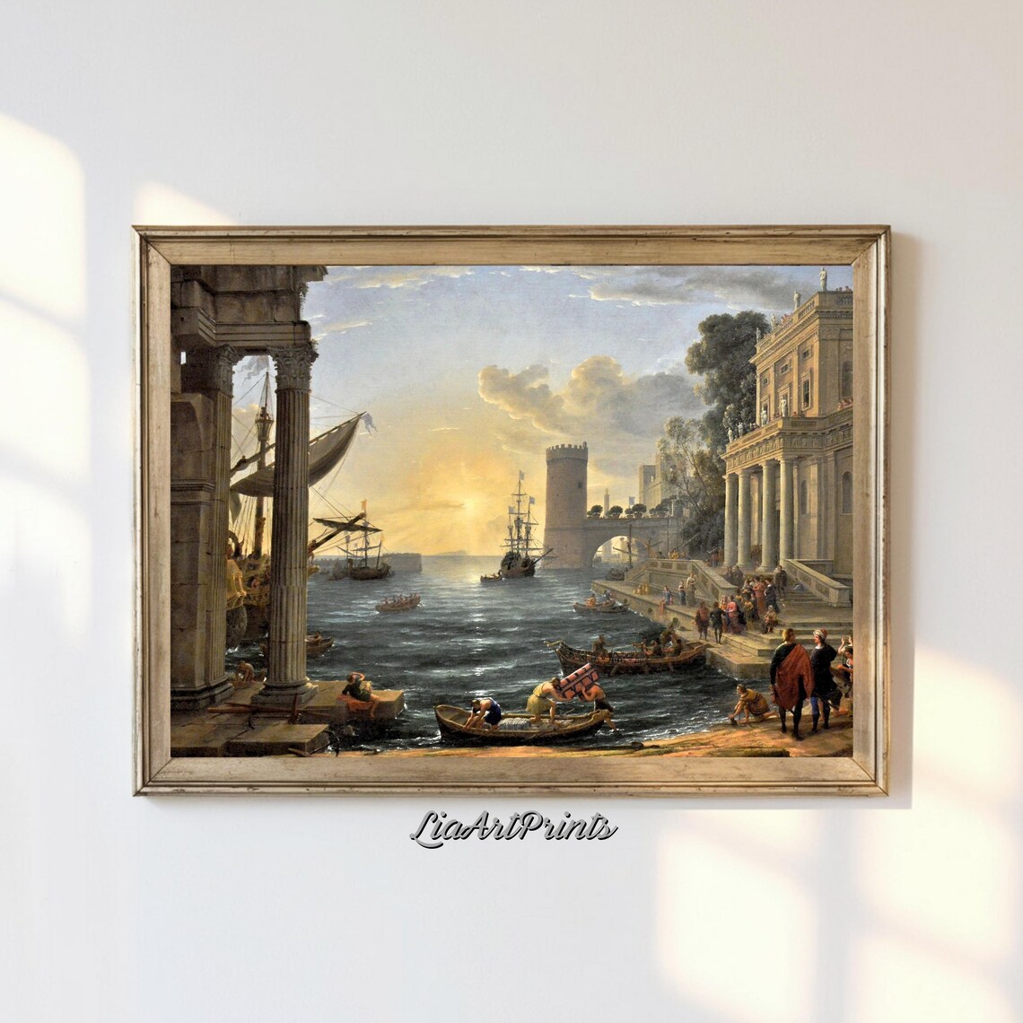 Classical Harbor Scene, Grand Seaside Sunrise Art Print