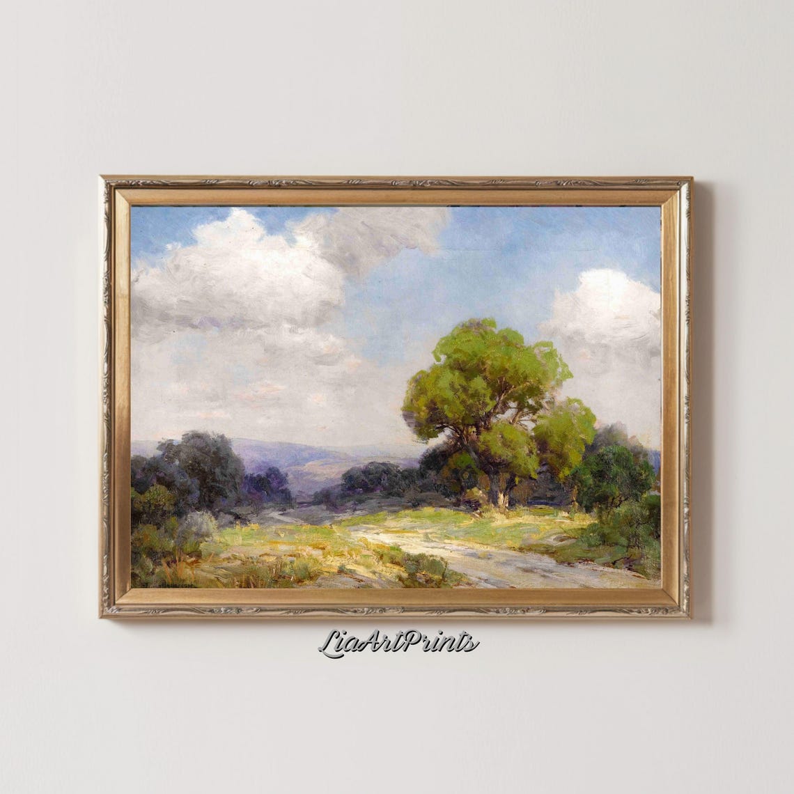 Sunlit Country Path Large Tree Tranquil Pastoral Scene Poster - Image 2