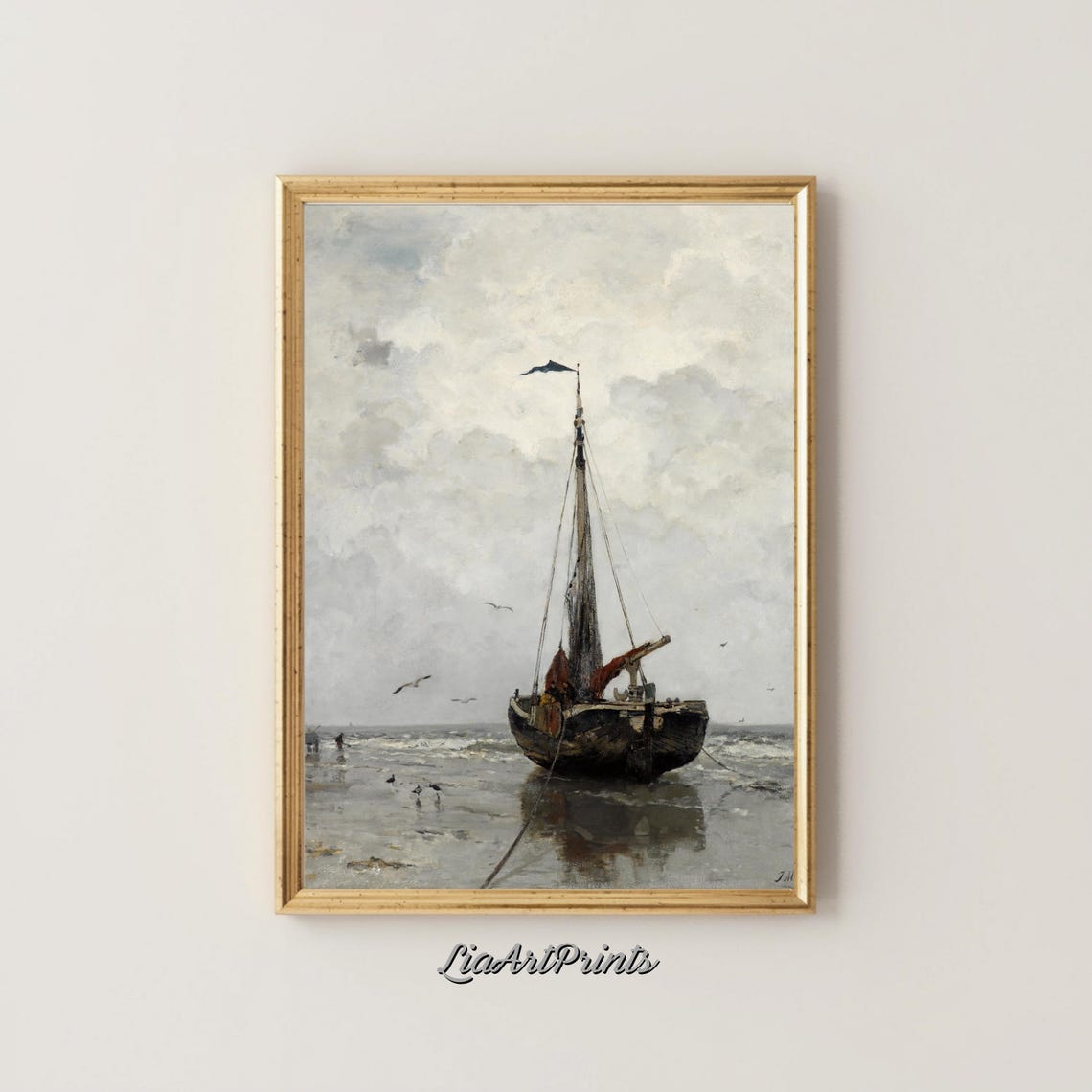 Beached Fishing Boat Cloudy Sky Vintage Coastal Marine Painting Poster - Image 4