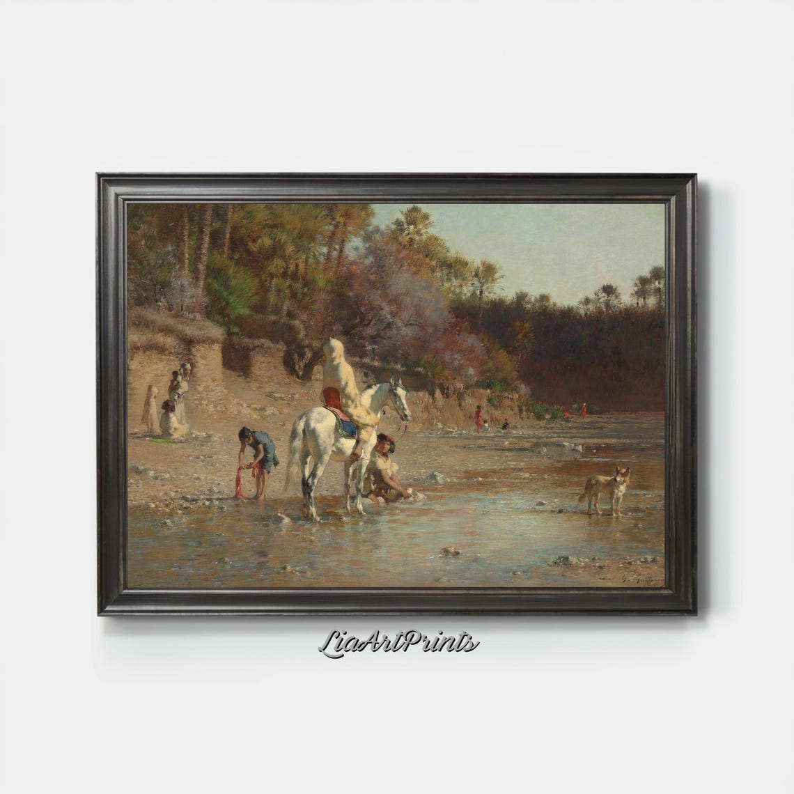 Orientalist Riders Watering Horses at a Desert River Scene Poster - Image 3