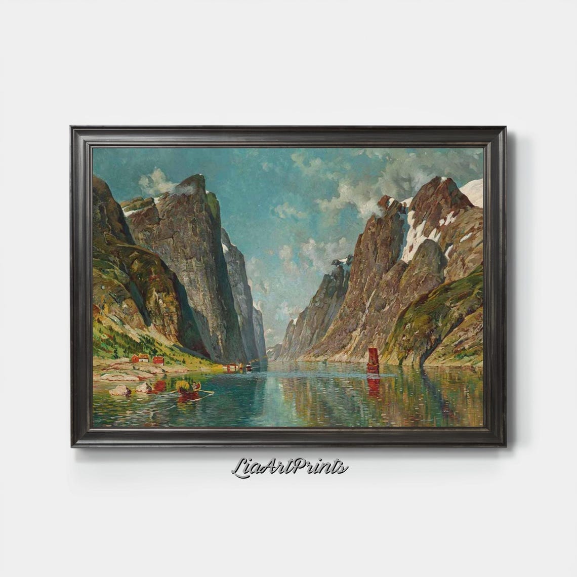 Fjord Steep Cliffs Calm Water Boats Antique Mountain Landscape Poster - Image 3