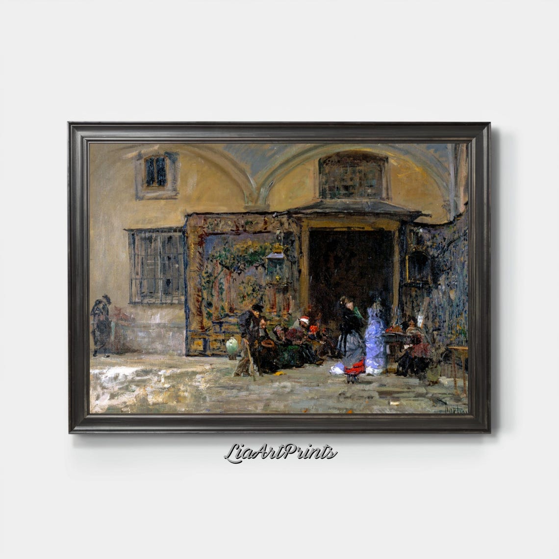 Vintage Courtyard Market Scene Arched Old Town Gathering Poster - Image 4
