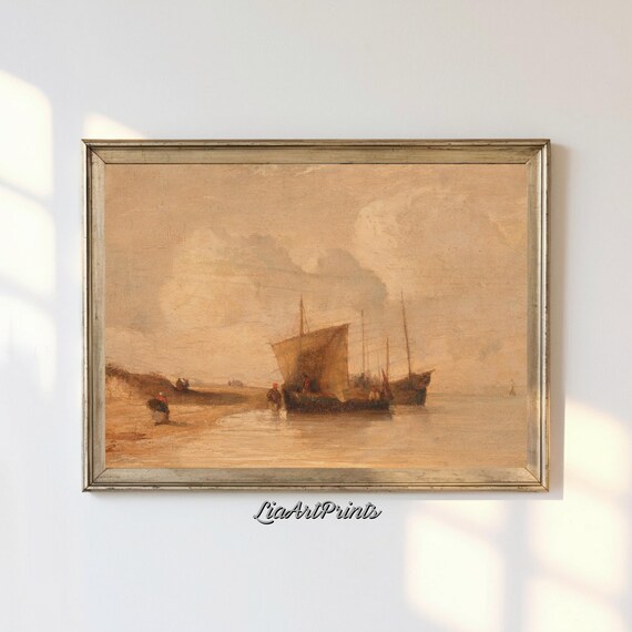 Golden Coastal Scene Beached Sailboat with Figures Warm Vintage Poster