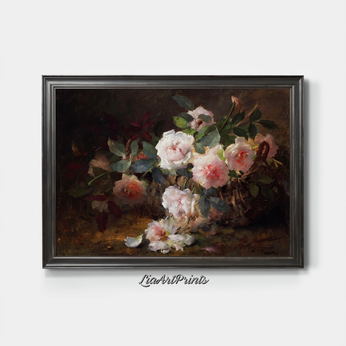 Vintage Pink Roses Wicker Basket Moody Floral Still Life Poster - Image 4