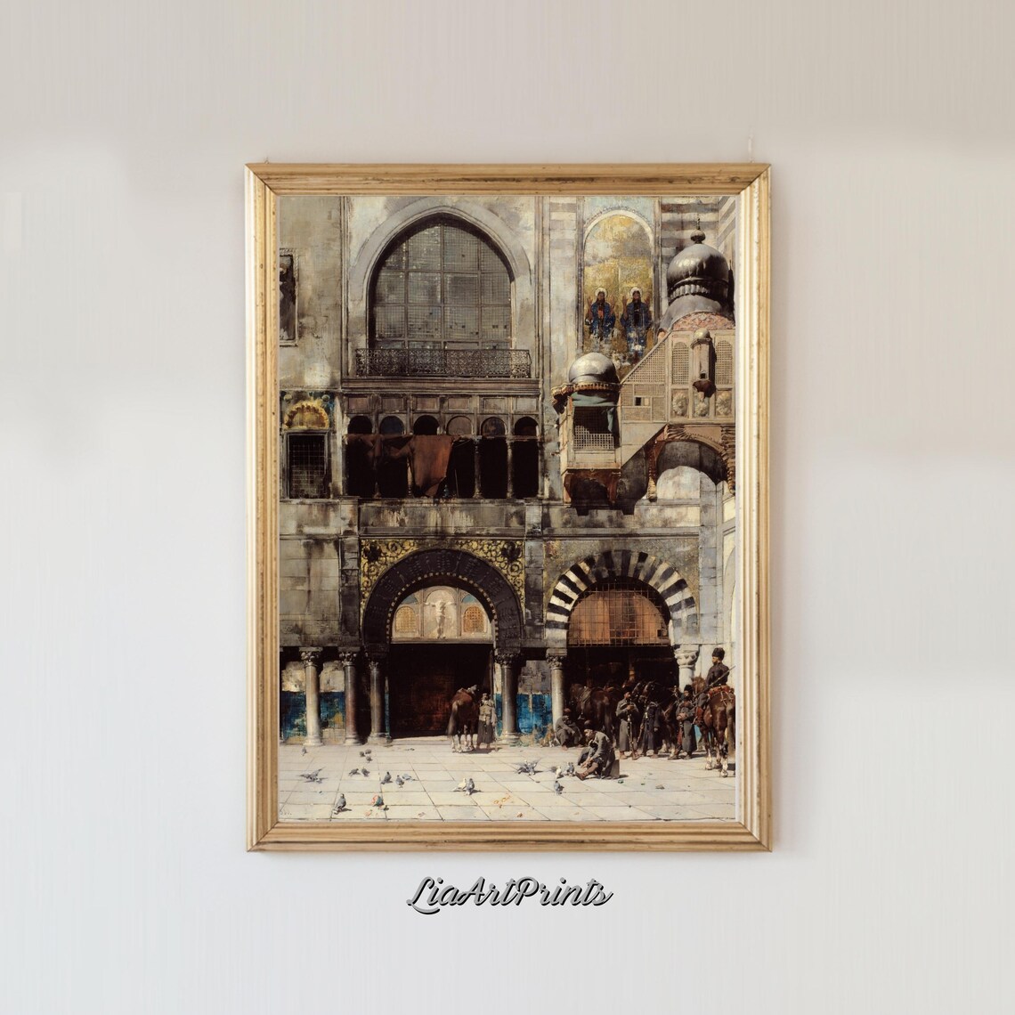 Orientalist Palace Courtyard with Horsemen Vintage Islamic Art Poster - Image 3