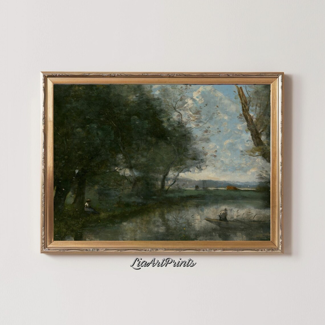 Wooded Riverbank with a Figure in a Boat Vintage Calm Landscape Poster - Image 2