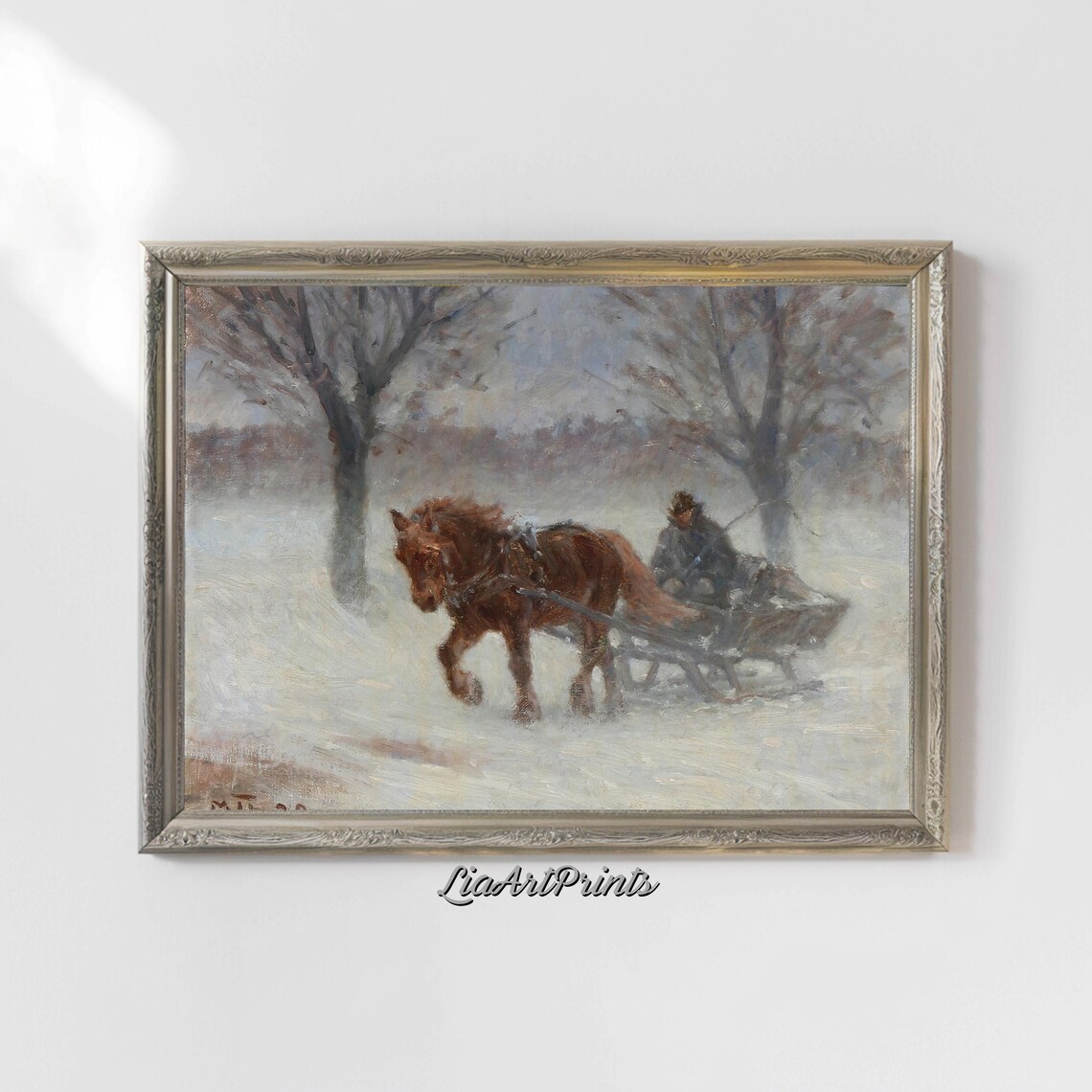 Horse Drawn Sleigh Ride Through Snow Vintage Winter Oil Painting Poster - Image 4