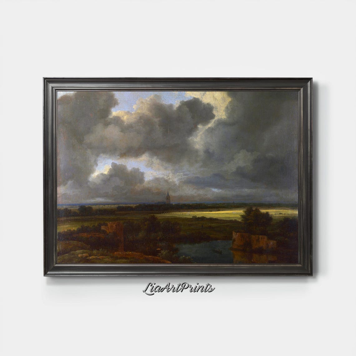 Stormy Cloud Sky Over Lowland Fields Church Spire Moody Art Poster - Image 3