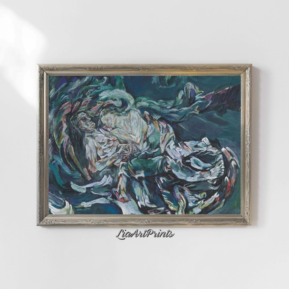 Expressionist Figure Amid Swirling Storm Deep Blue and Teal Oil Poster - Image 4