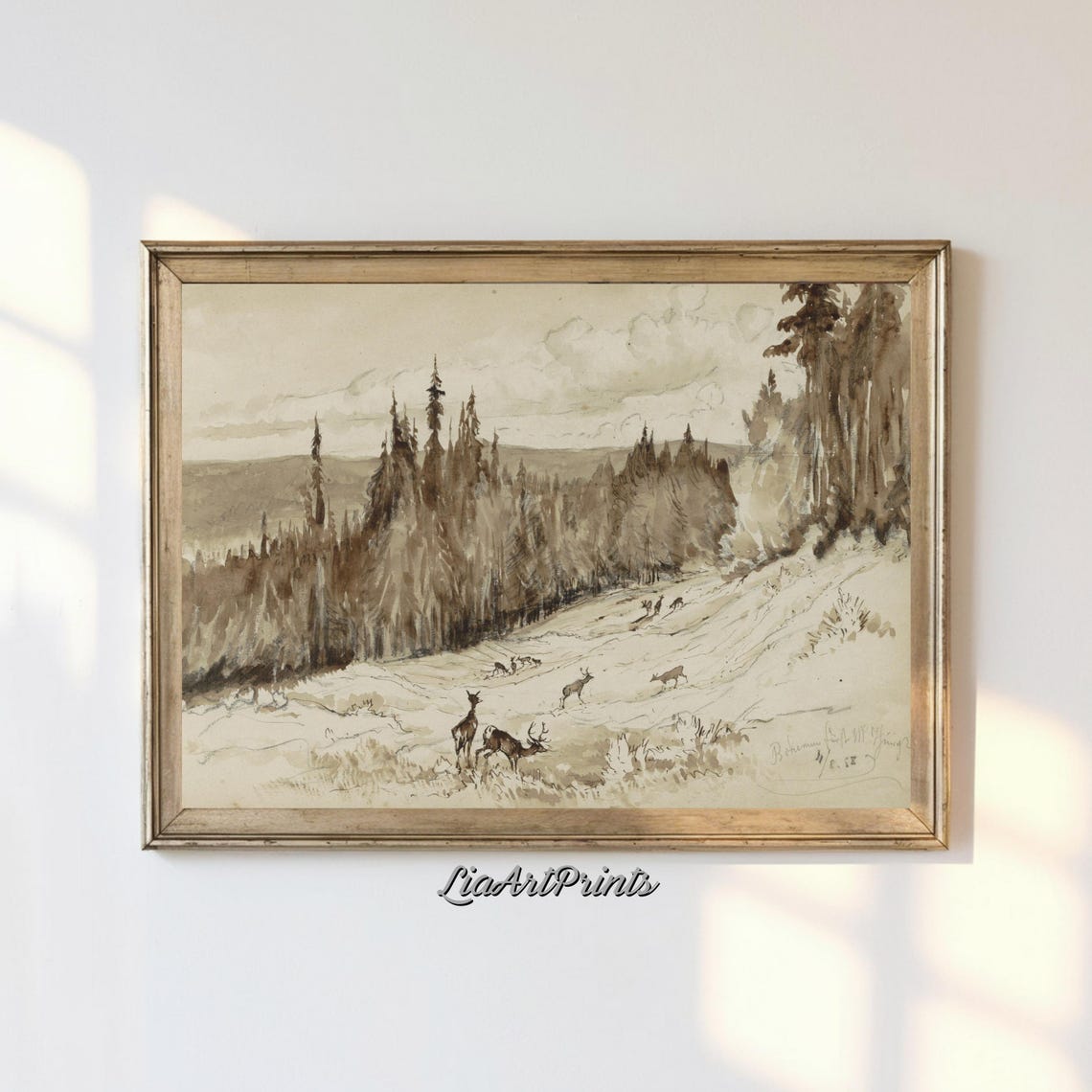 Rustic Forest Deer on Wooded Hillside Vintage Sepia Wildlife Poster