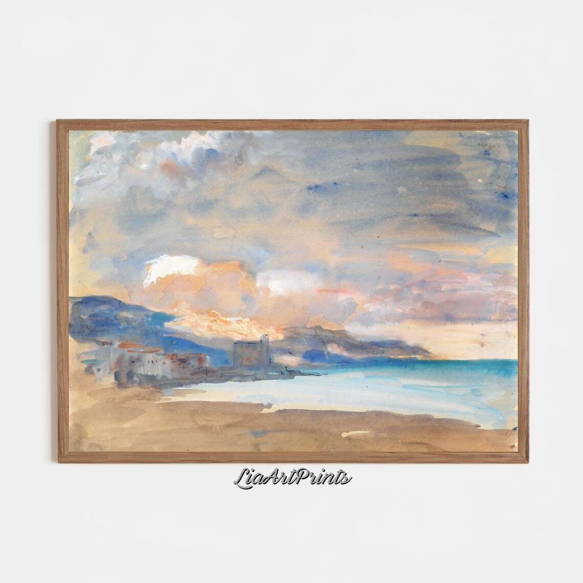 Tranquil Coastal Sunset Watercolor Seaside Village and Mountain Poster - Image 3