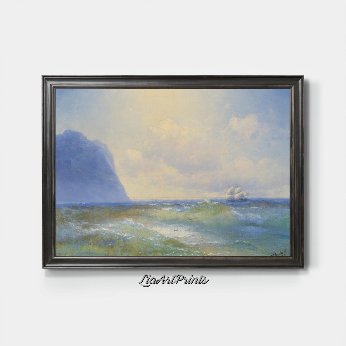 Sailing Ship on Green Ocean Waves Near a Rocky Cliff Vintage Nautical Print - Image 4