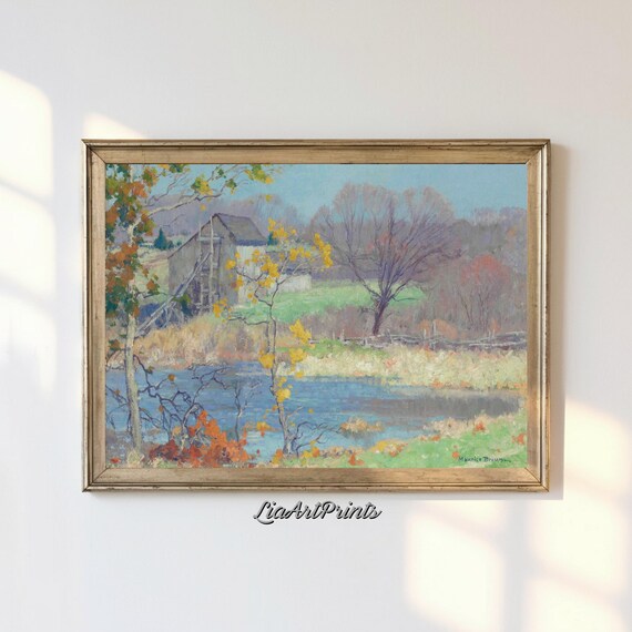 Peaceful Autumn Mill by a Still Pond Vintage Fall Countryside Print