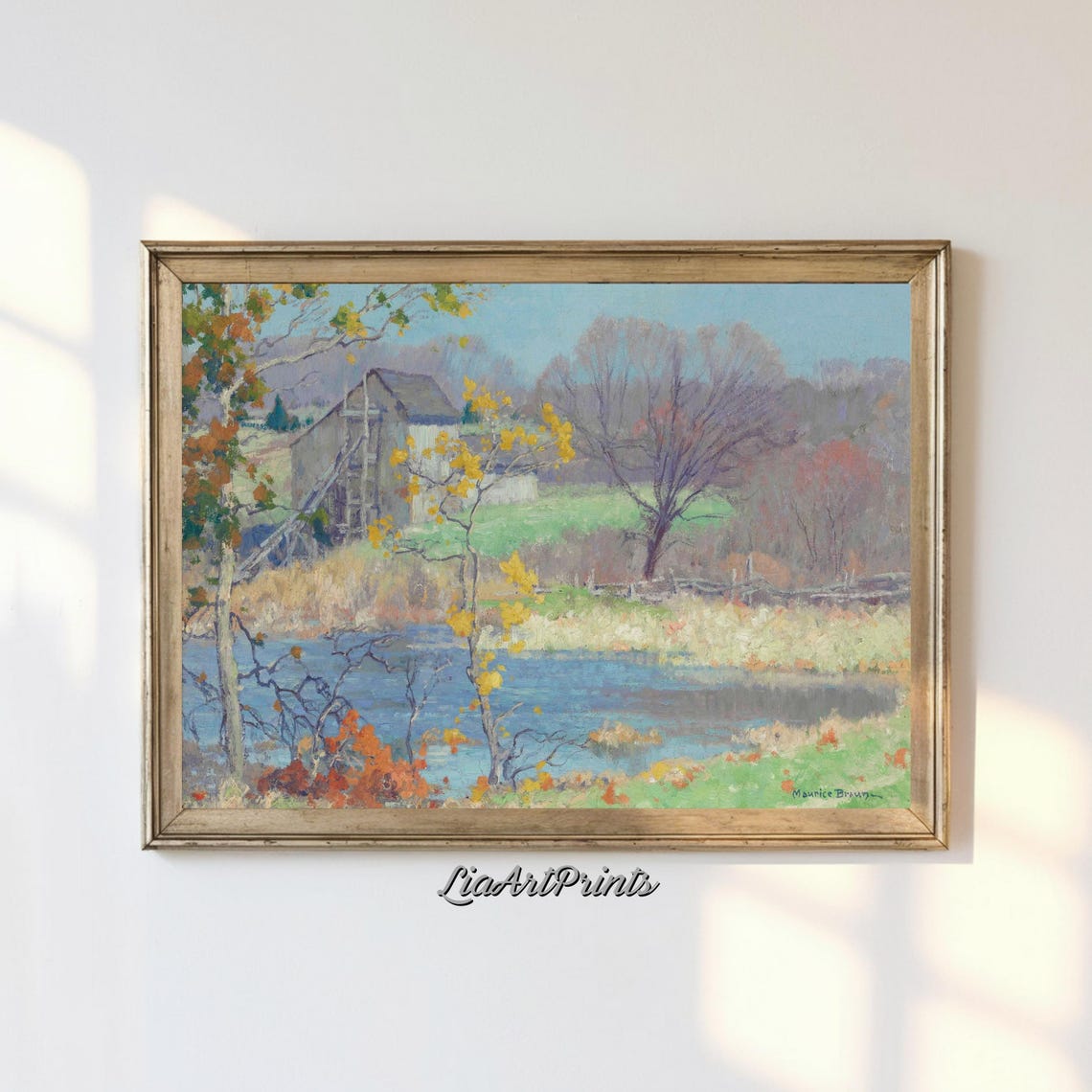 Peaceful Autumn Mill by a Still Pond Vintage Fall Countryside Print