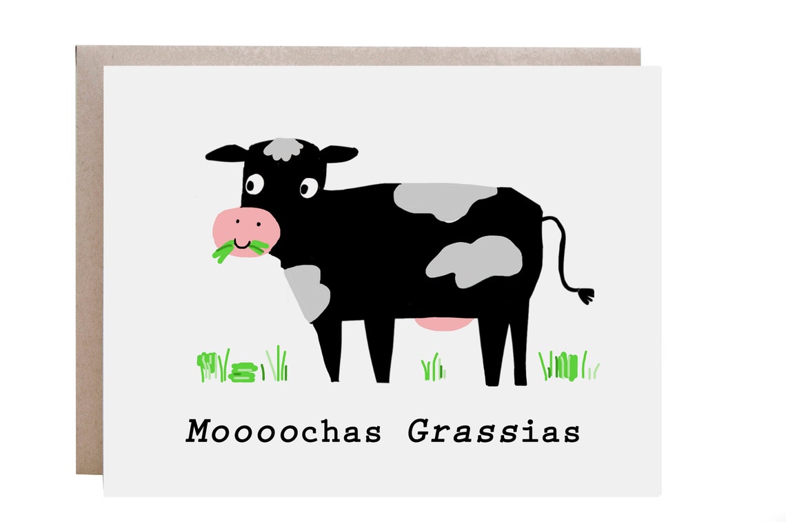 Moooochas Grassias Smiling Cow Funny Spanish Pun Thank You Card Print