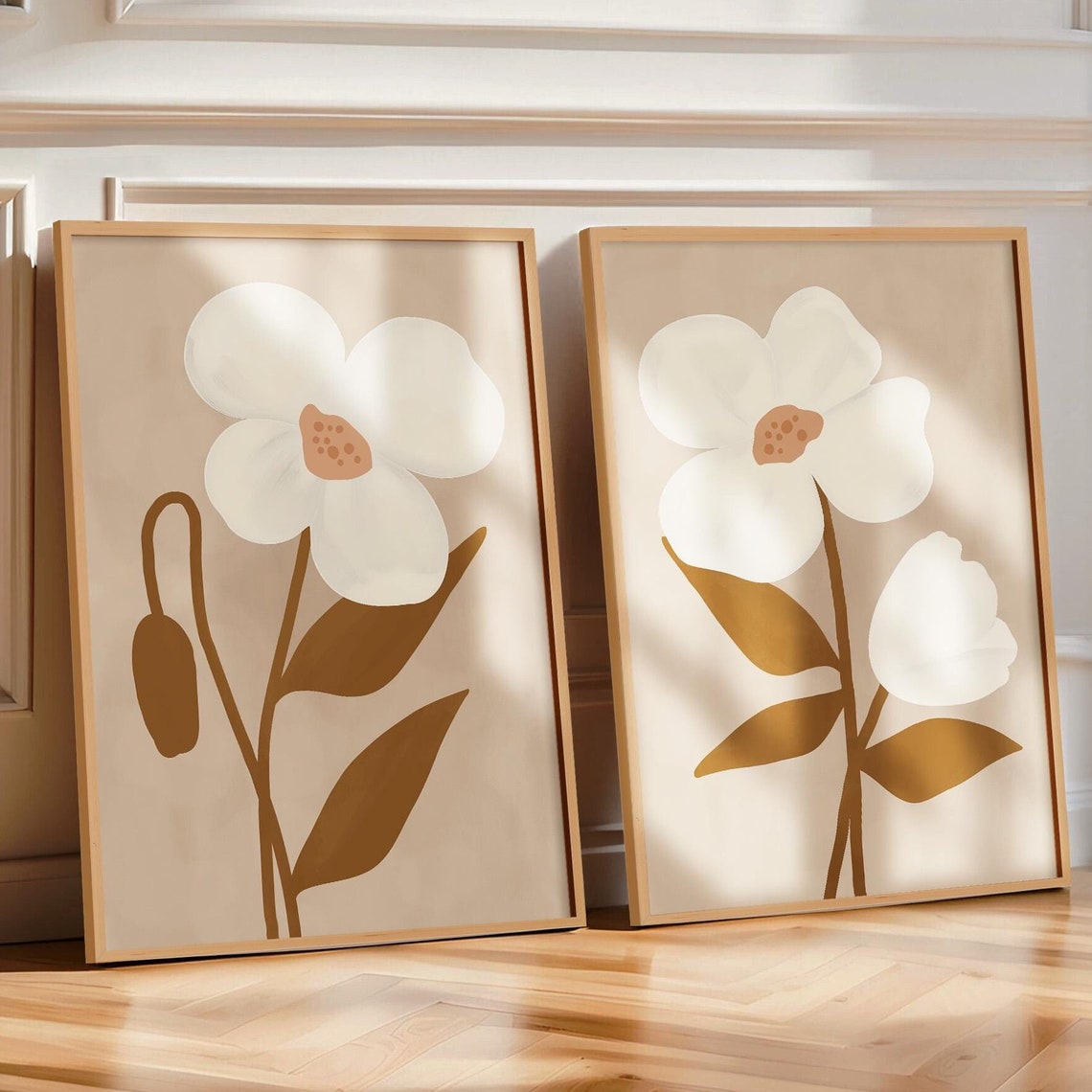 Beige Minimal White Flower Brown Stem Neutral Botanical Wall Art - Image 2