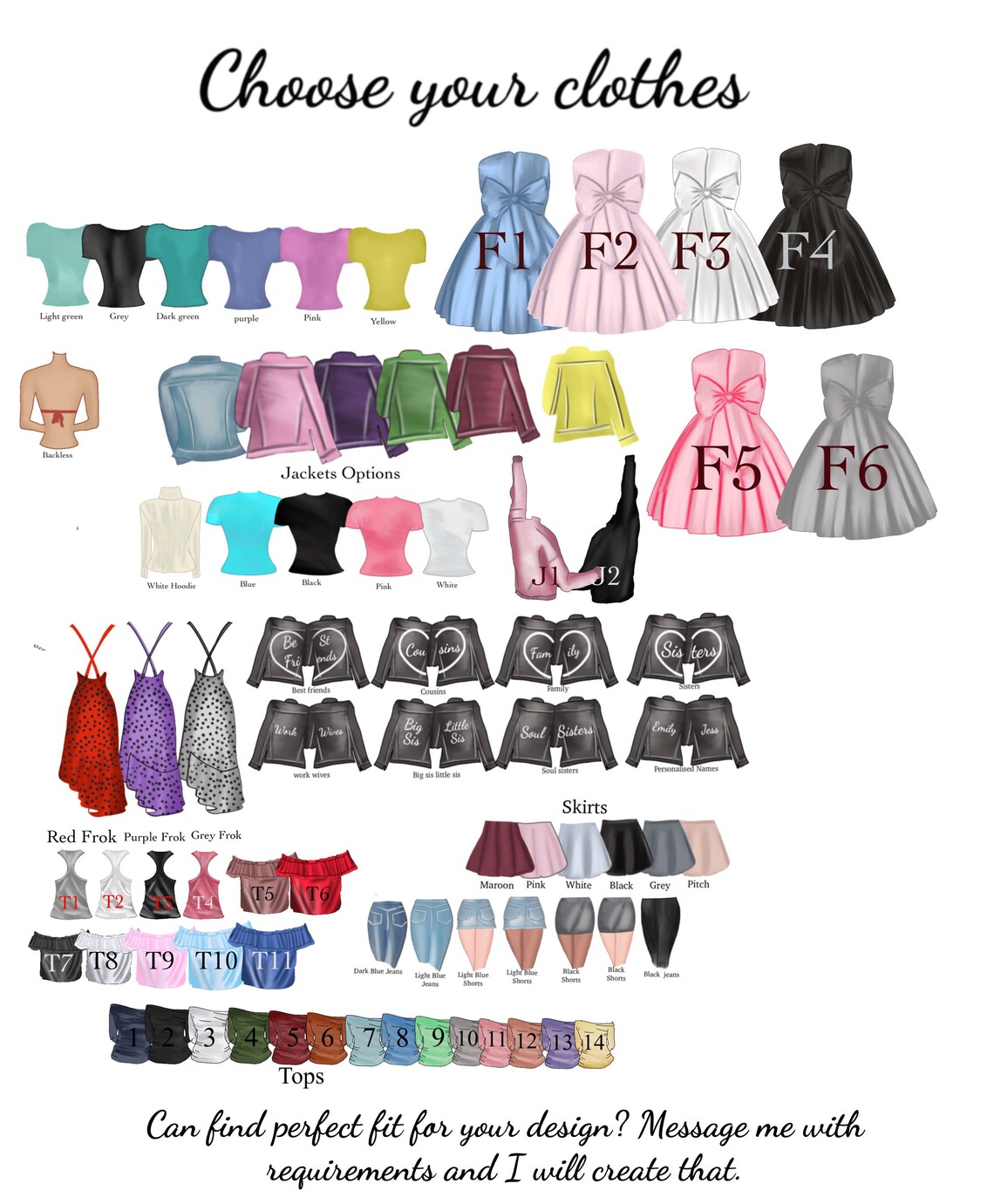 Choose Your Clothes Options Chart Tops Jackets Skirts Portrait Print