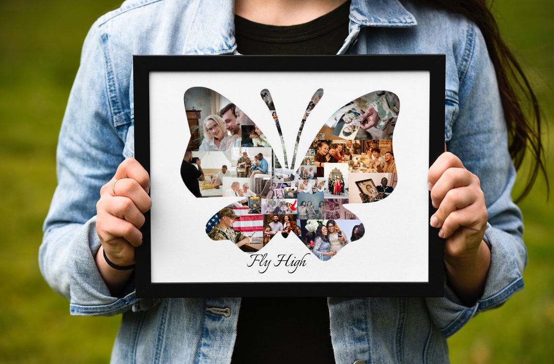 Butterfly Shape Custom Photo Collage Fly High Birthday Poster