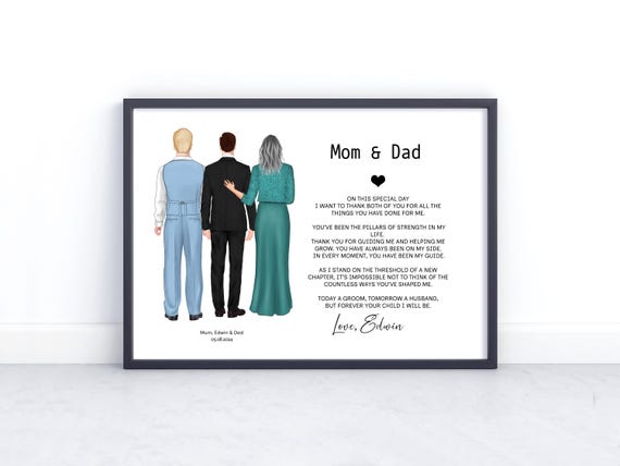 Wedding Gift For Parents Of The Groom On The Wedding Day Personalized Groom Mom Dad Print Wedding Illustration Of Parents From Son Gift