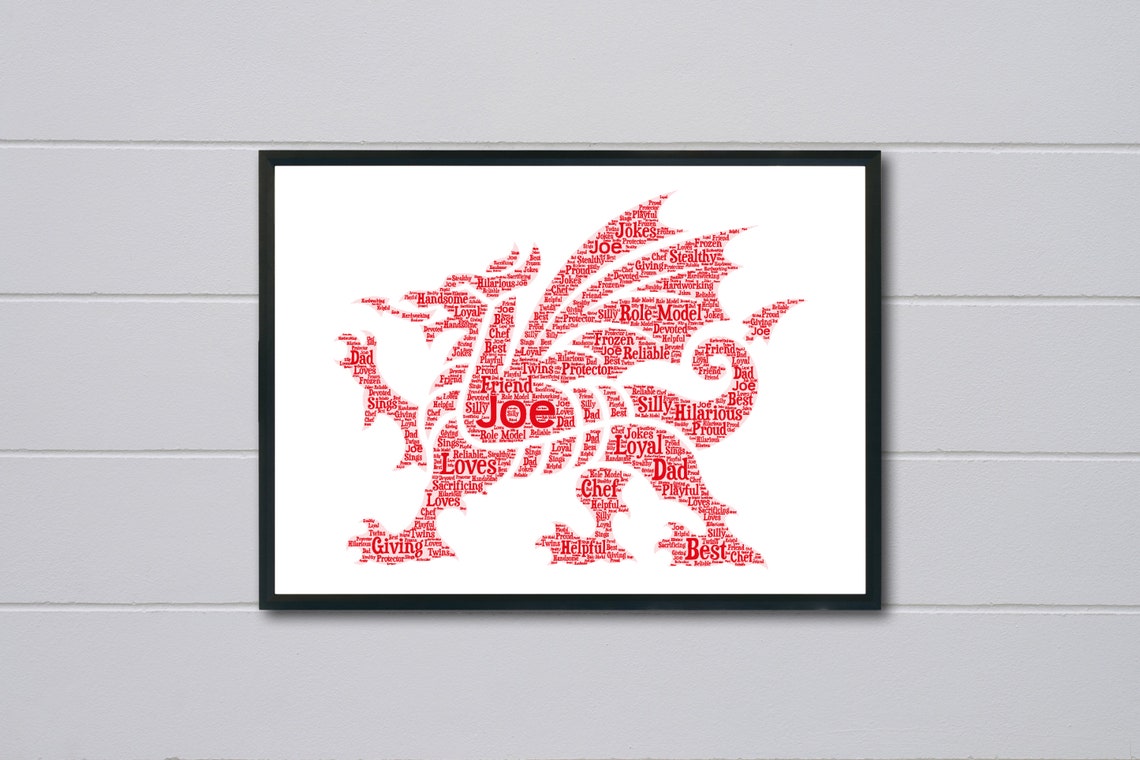 Red Welsh Dragon Word Art Personalised Birthday Gift for Him Poster