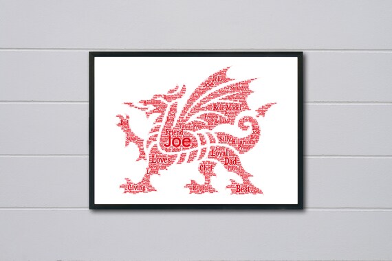 Personalised Welsh Dragon Print Custom Word Wall Art Design Birthday Fathers Day Gifts For Him Her Men Women Couples