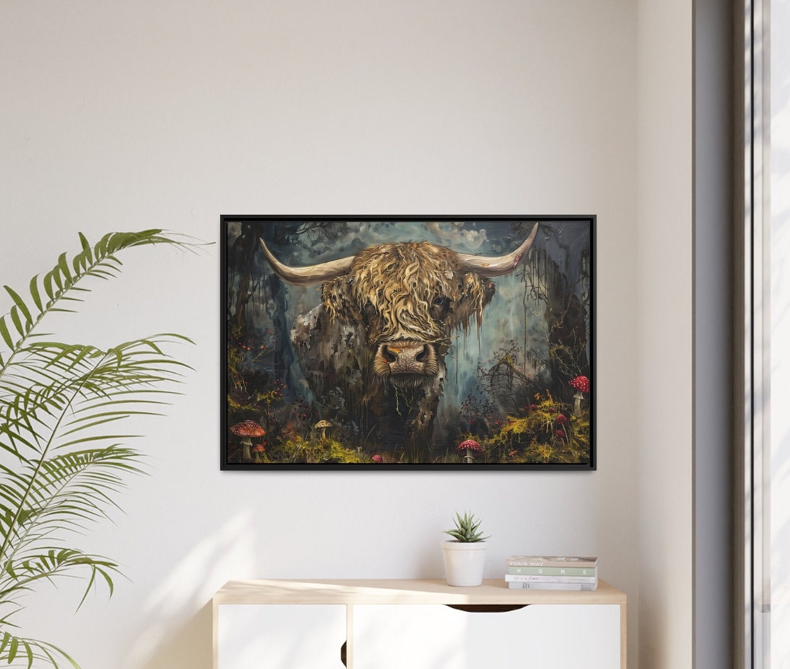 Highland Cow In A Mushroom Forest Dark Gothic Painting Poster - Image 2