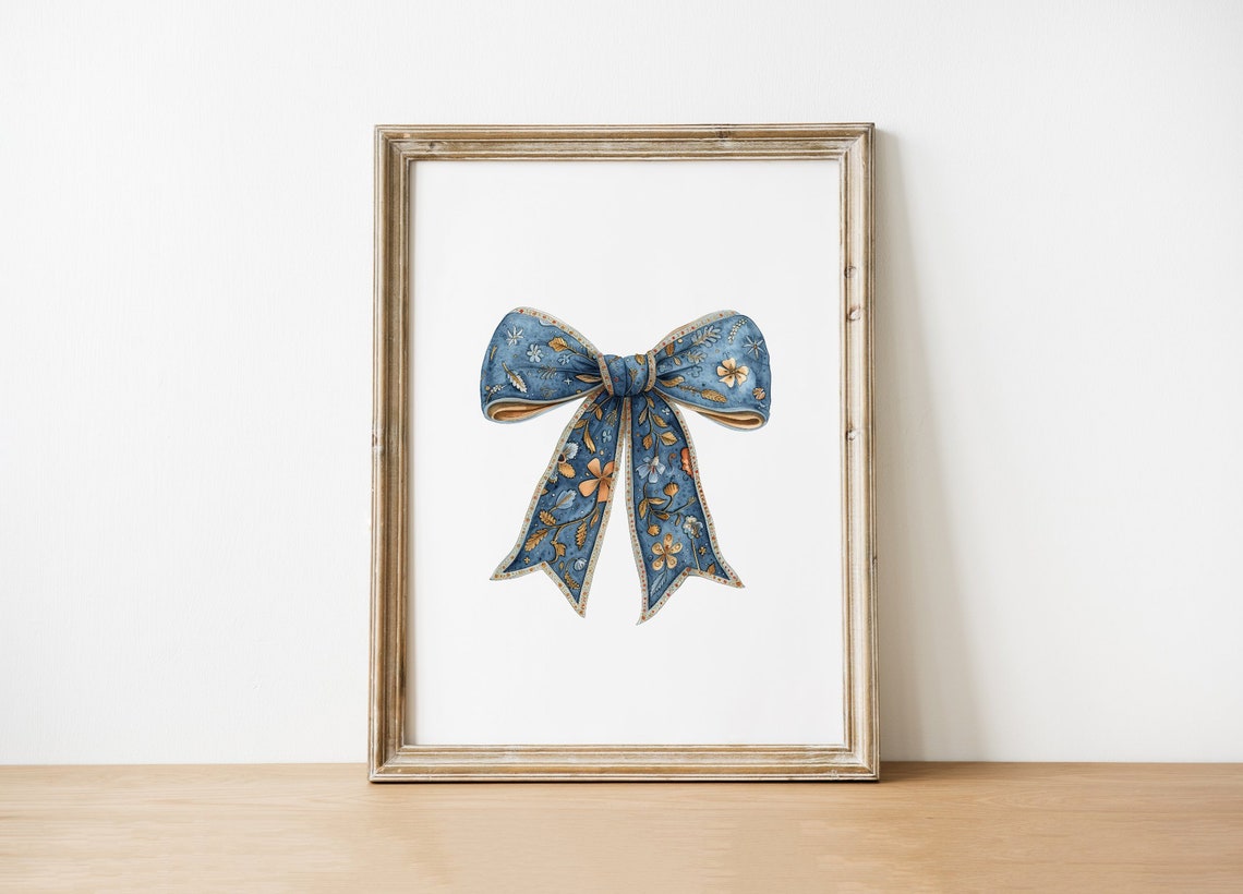Navy Blue Floral Bow Watercolor Preppy Classic Pattern Poster