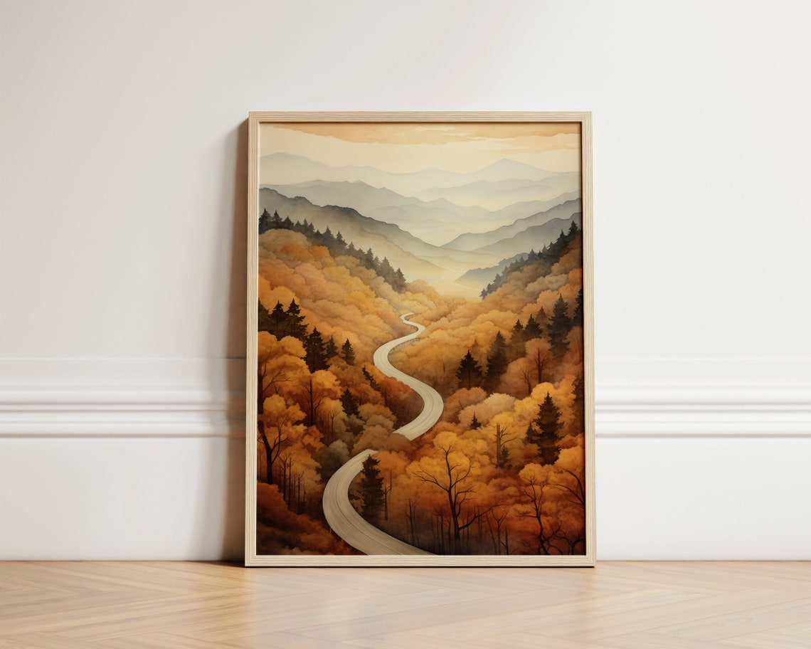 Autumn Mountain Road Fall Watercolor Landscape Poster for Cabins