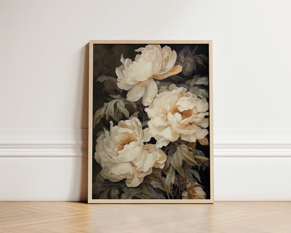 Creamy White Peony Blooms On Dark Botanical Vintage Floral Art Poster