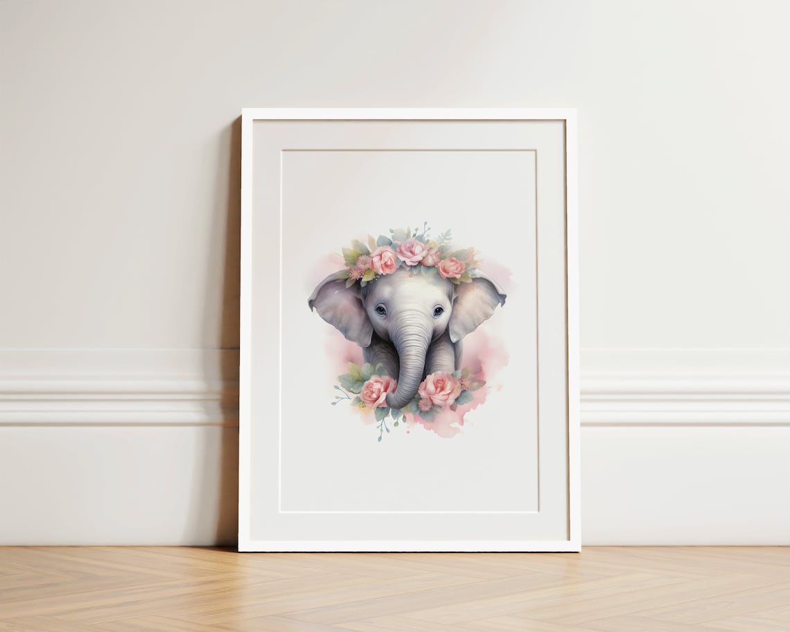Safari Baby Animal Elephant Girl Nursery Art Print