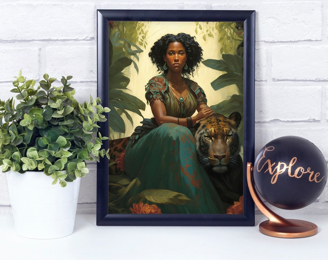 African Woman And Tiger Jungle Tropical Fine Art Painting Poster