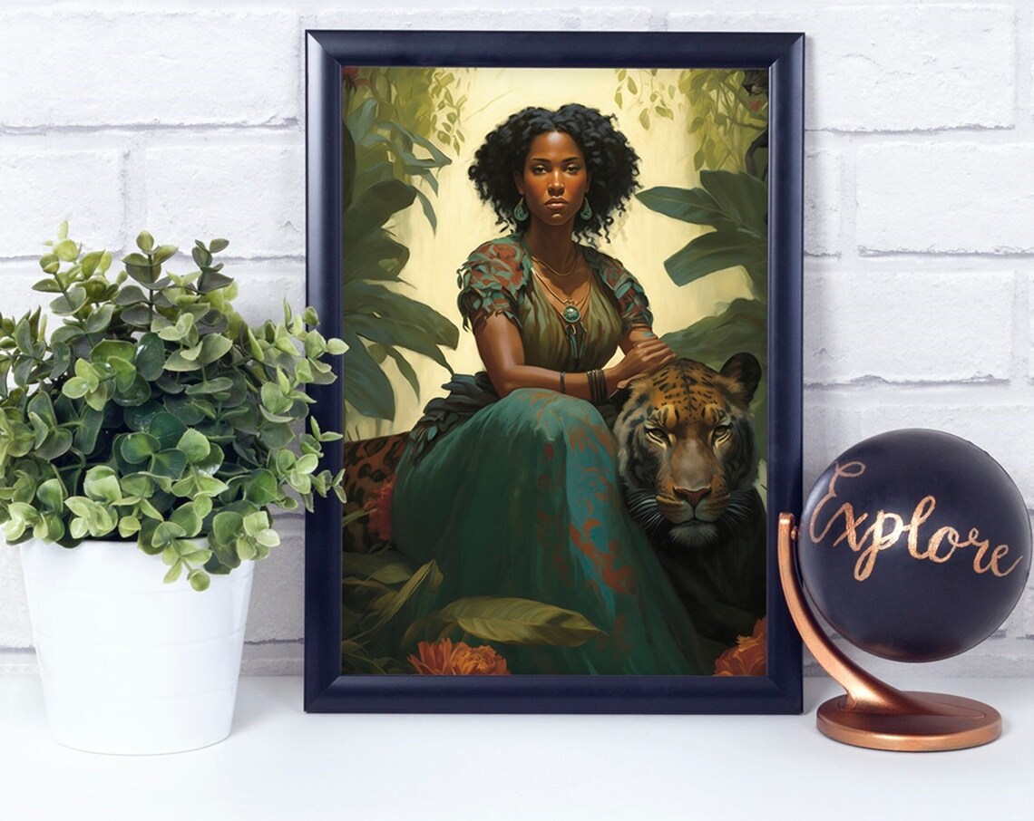 Black African Woman And Her Tiger Poster Print Home Wall Art Dcor