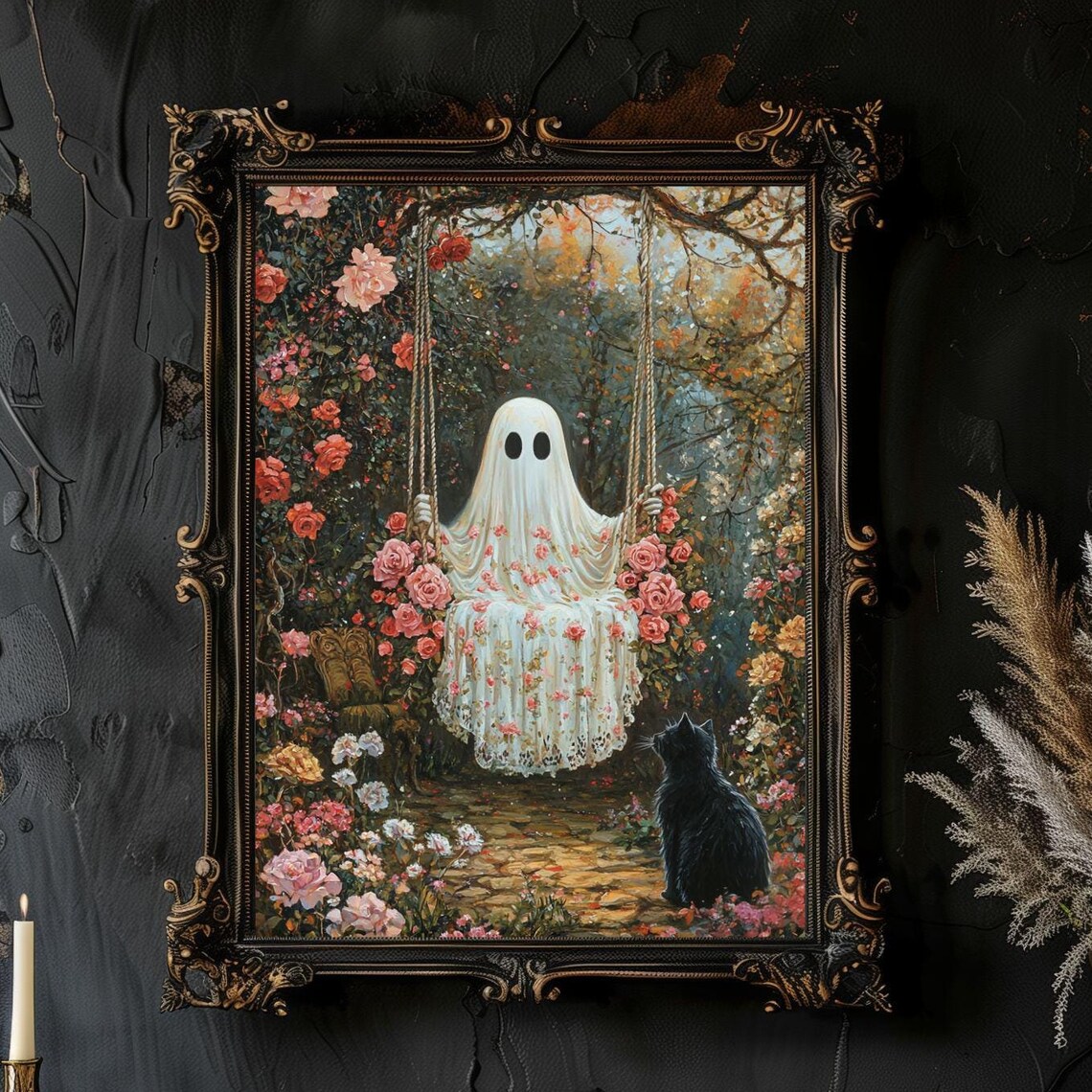 Ghost on Garden Swing and Black Cat, Whimsigoth Art Print