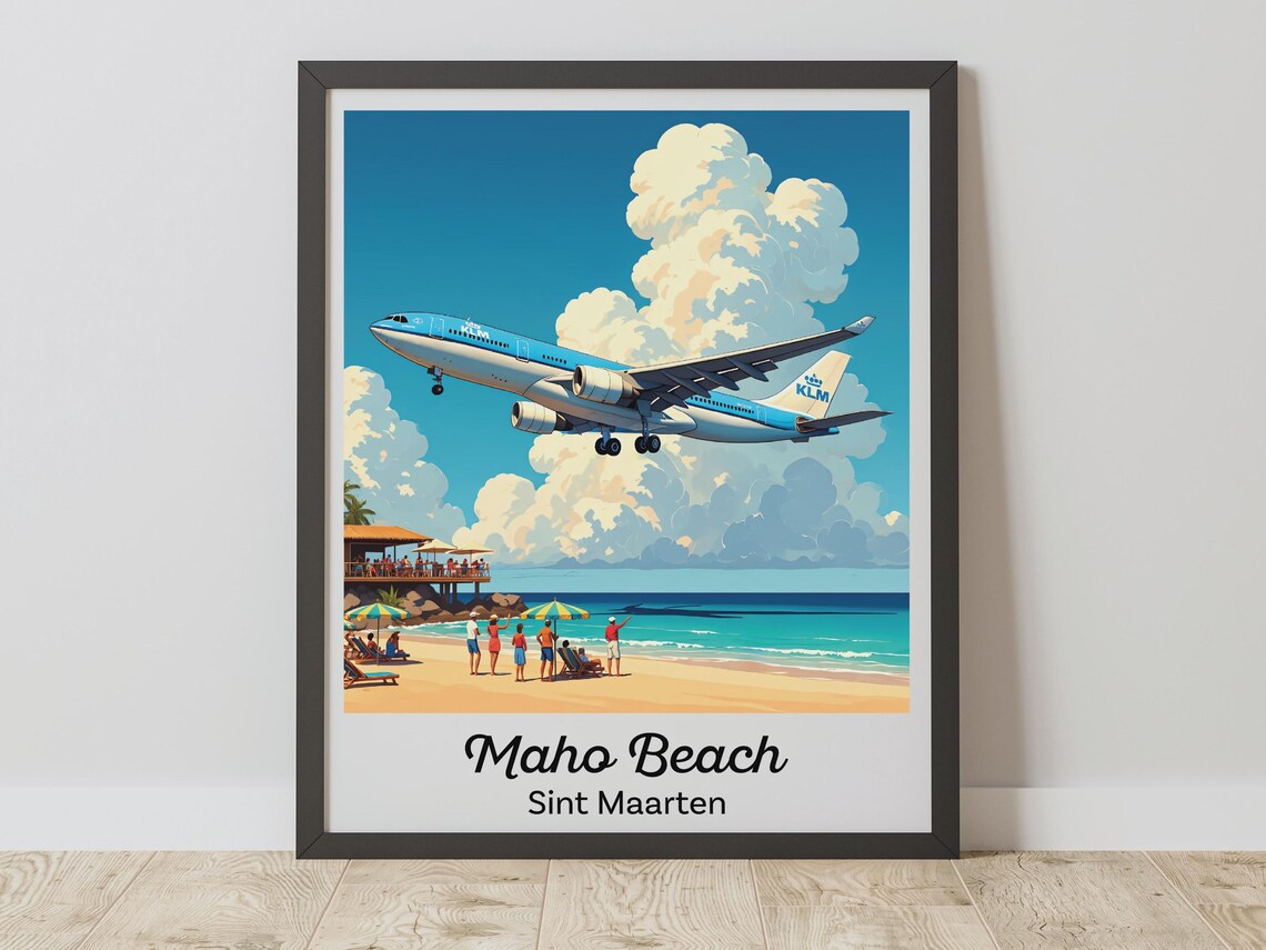 Maho Beach Sint Maarten Airplane Landing Vintage Travel Poster