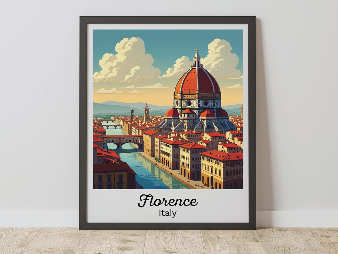Florence Italy Duomo Cathedral Ponte Vecchio Vintage Travel Poster