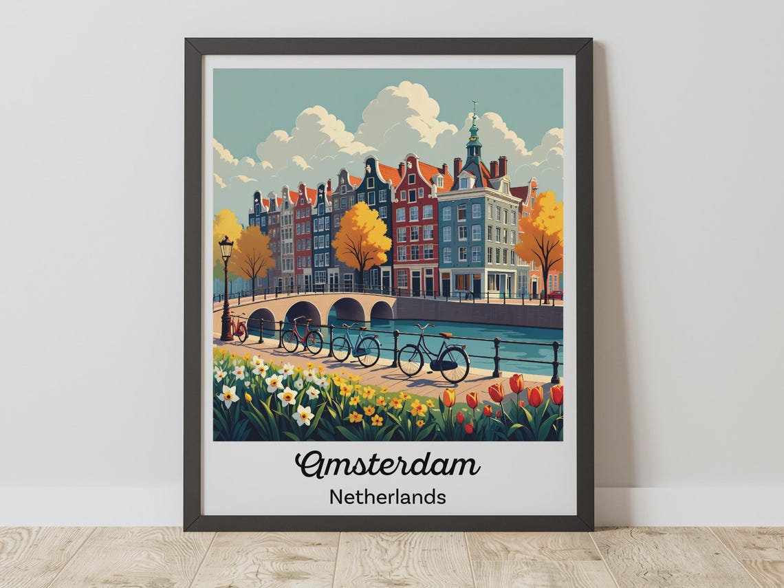 Amsterdam Netherlands Canal Bikes Tulips Spring Cityscape Poster