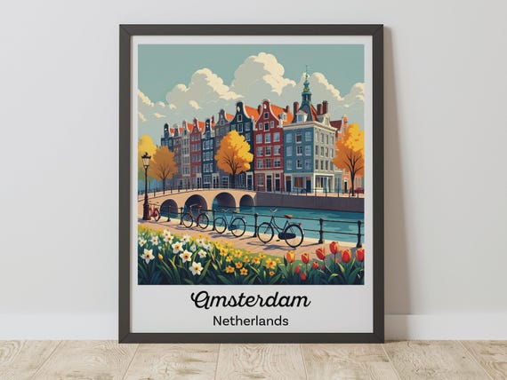 Amsterdam Canal Print Netherlands Wall Art Vintage Cityscape Travel Poster