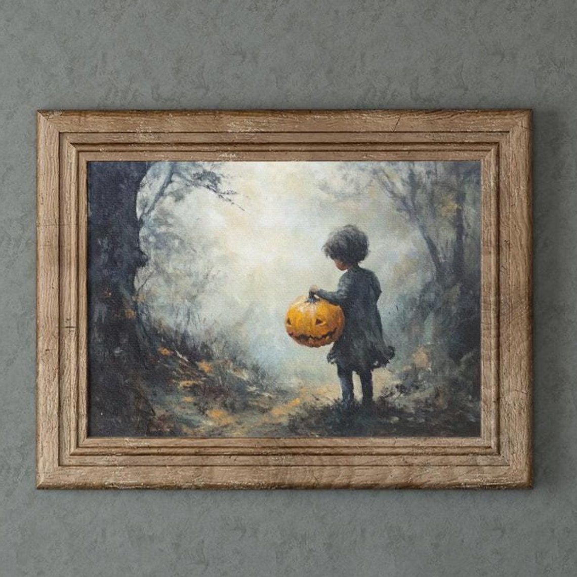 Child With Jack O Lantern Walking Through Foggy Woods Art Poster