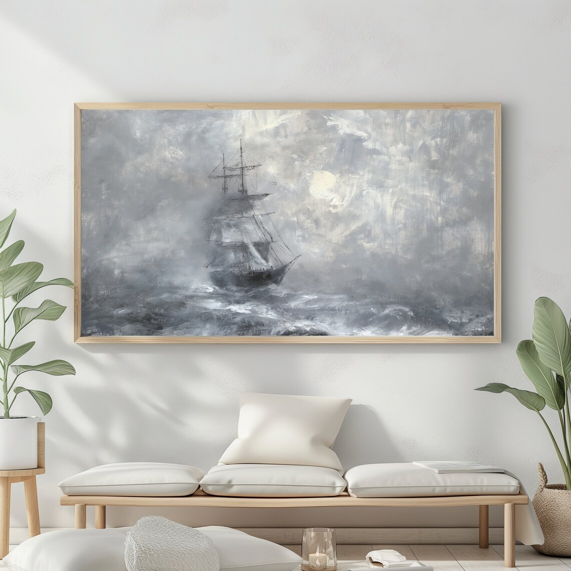 Frame Tv Art Vintage Nautical Oil Painting Seascape Beach House Decor Summer Sea Boat Wall Art - Image 2