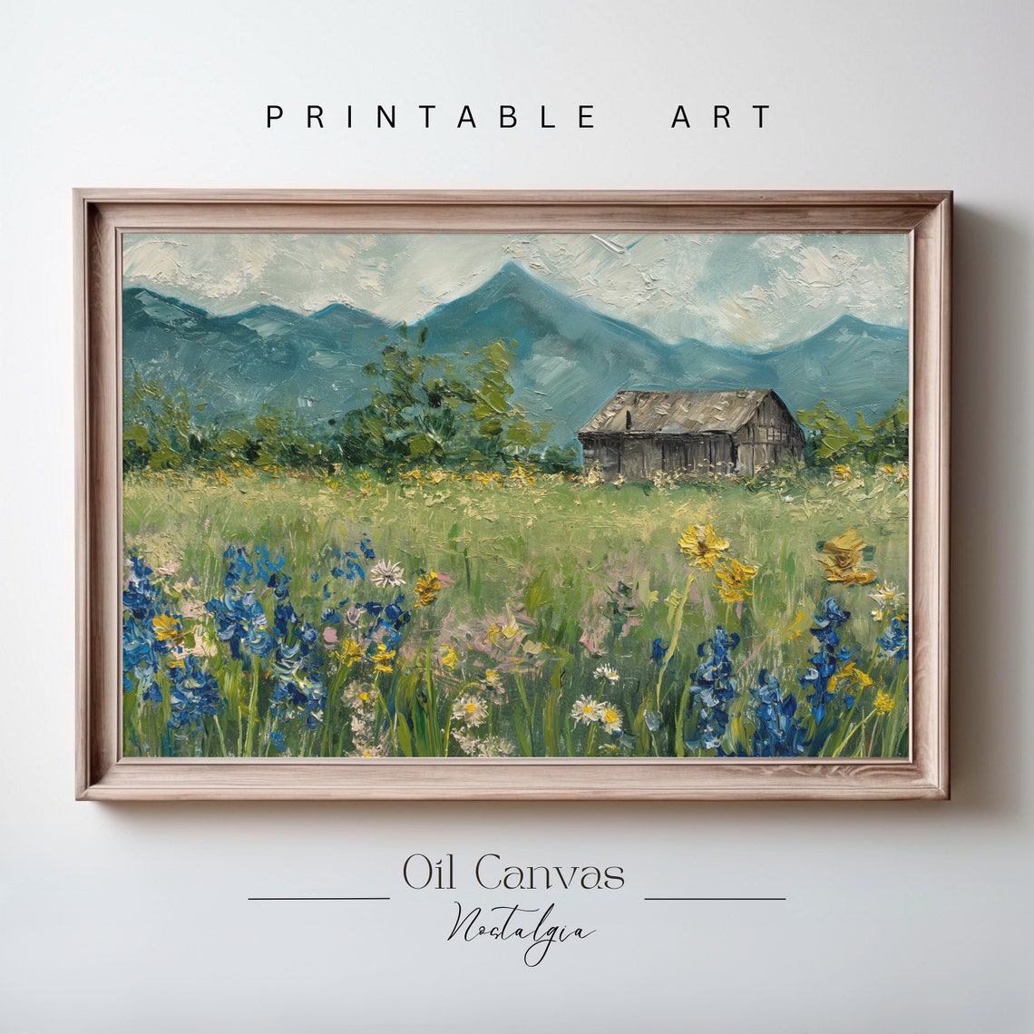 Spring Meadow Wall Art Vintage Landscape Mountain Cottage Oil Painting Country Field - Image 2