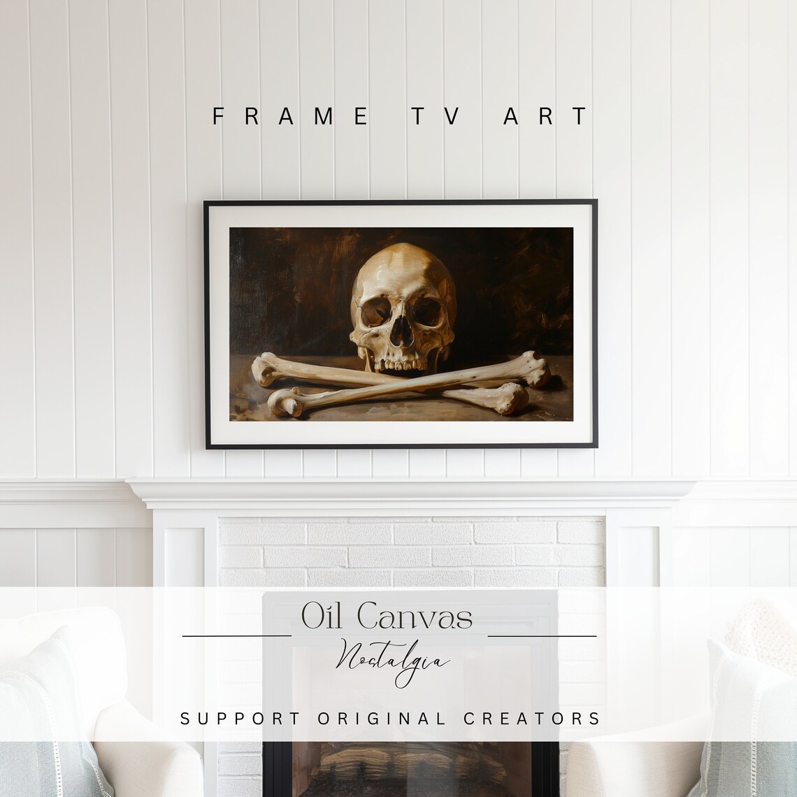 Human Skull Resting On Crossed Bones Dark Memento Mori Vintage Halloween Art Poster - Image 2