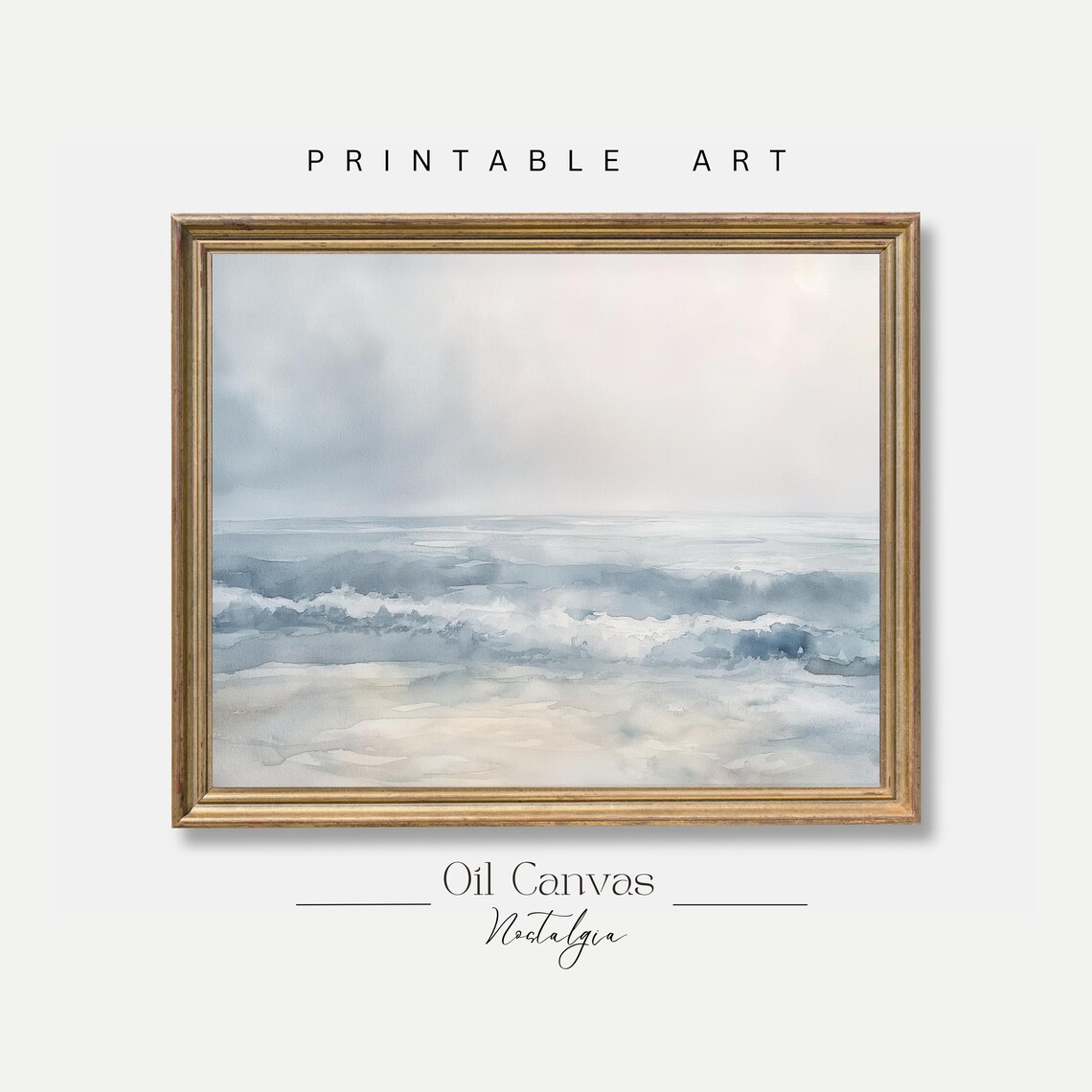 Serene Ocean Waves Soft Blue Watercolor Beach Misty Shoreline Poster